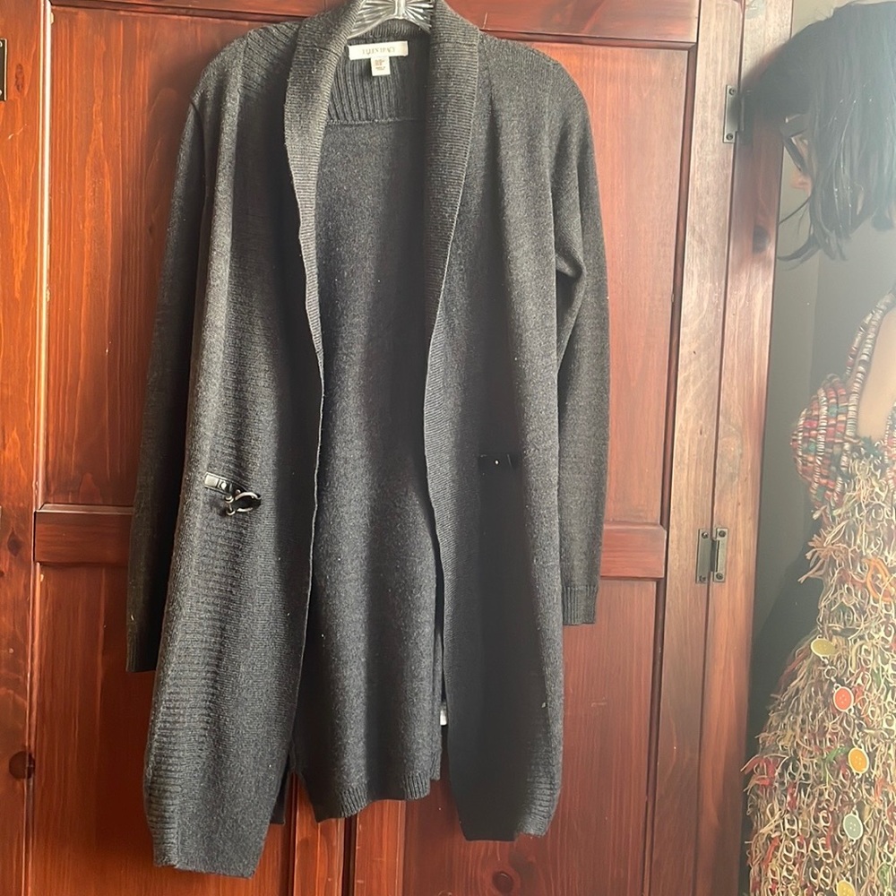 ELLEN TRACY LONG BUCKLED CARDIGAN SWEATER